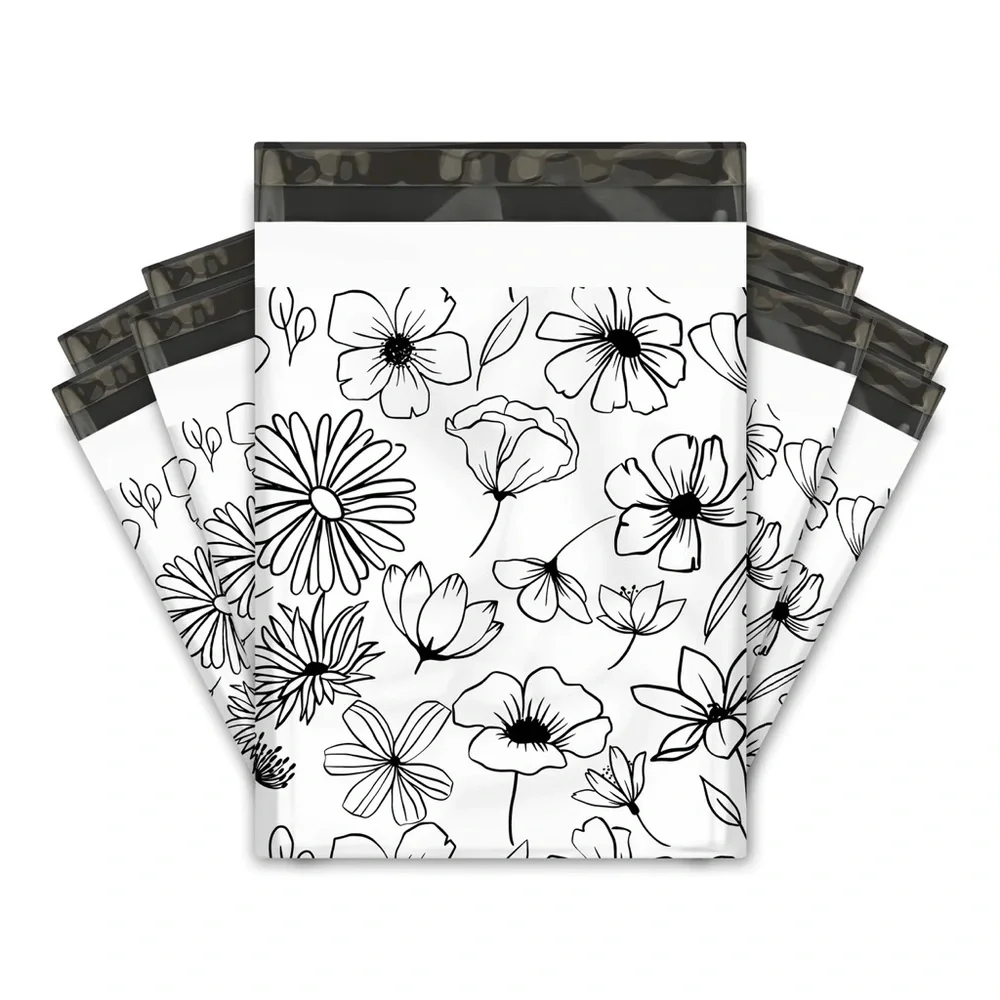 Black & White Sketched Floral Poly Mailer’s 10x13 Pack of 25 - Picture 3 of 7